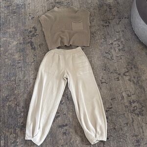 Free People Tan Ribbed Knit Top and Cream Joggers Set